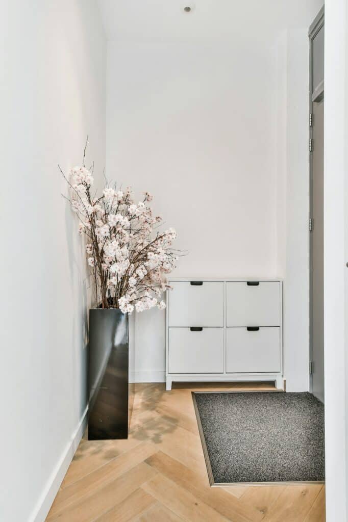 Fabre Occitanie - Entrée minimaliste comprenant une armoire de rangement blanche et un grand vase avec des fleurs blanches.