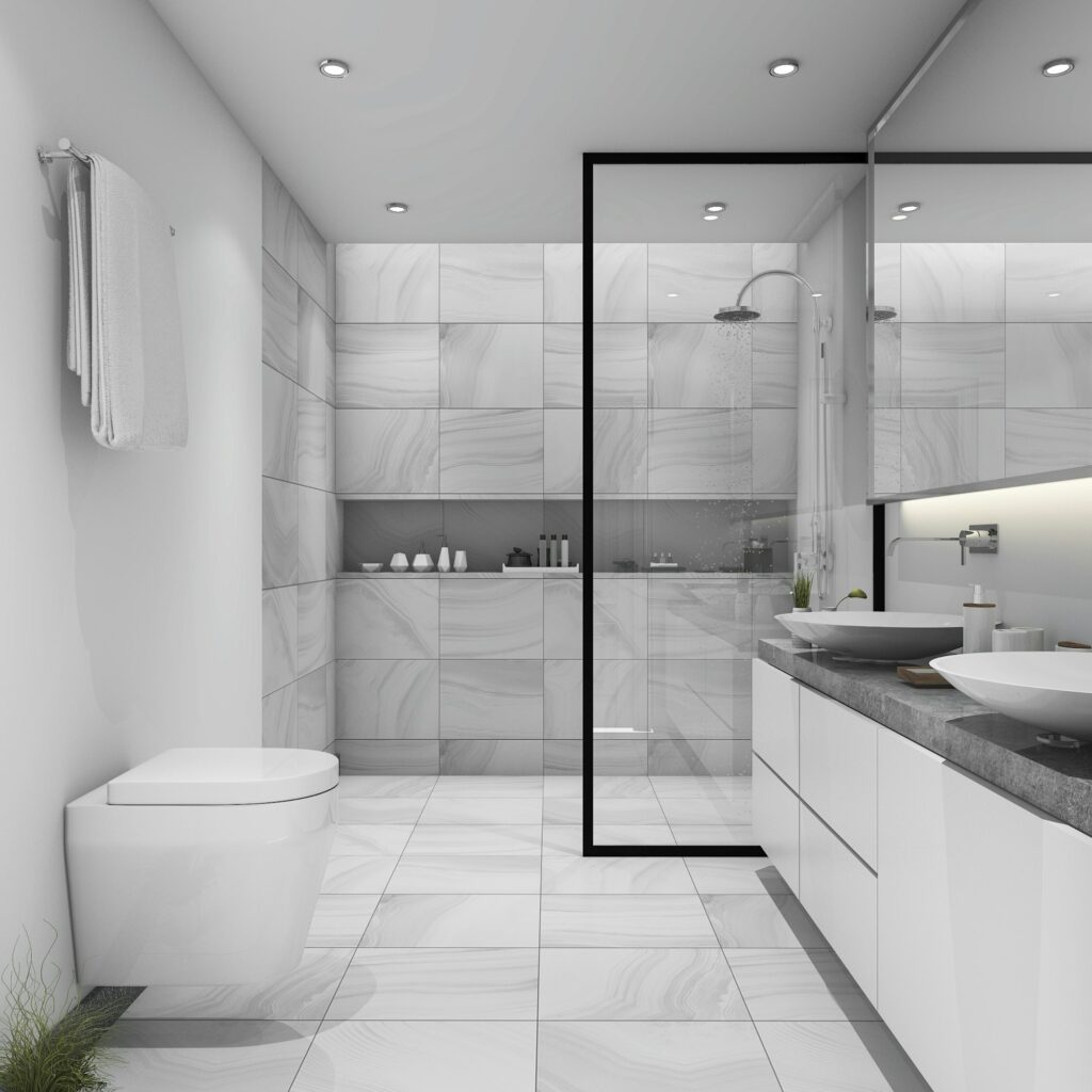 Fabre Occitanie - Salle de bain moderne avec douche à l'italienne et design minimaliste.