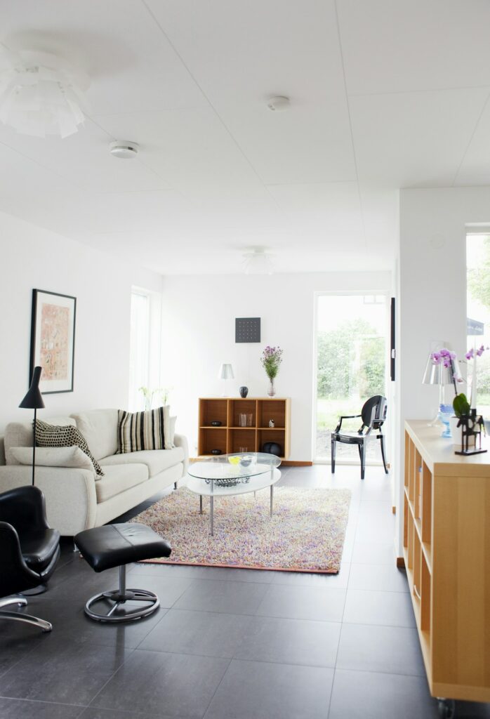 Fabre Occitanie - Salon lumineux et moderne avec un mélange de meubles classiques et contemporains, agrémenté de tapis colorés et de lumière naturelle.