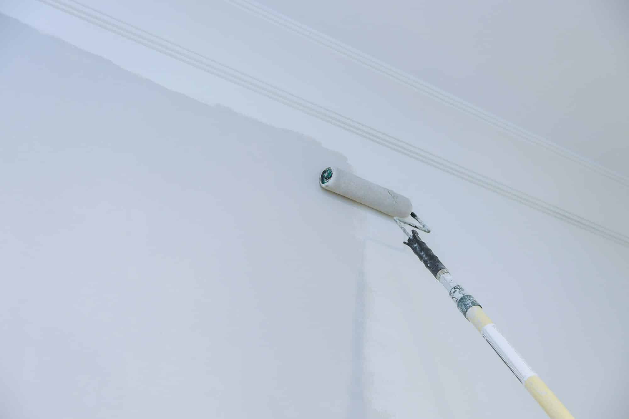 Fabre Occitanie - Un rouleau à peinture Fabre Occitanie fixé à un long manche est utilisé pour peindre un mur blanc, laissant une trace de peinture humide.