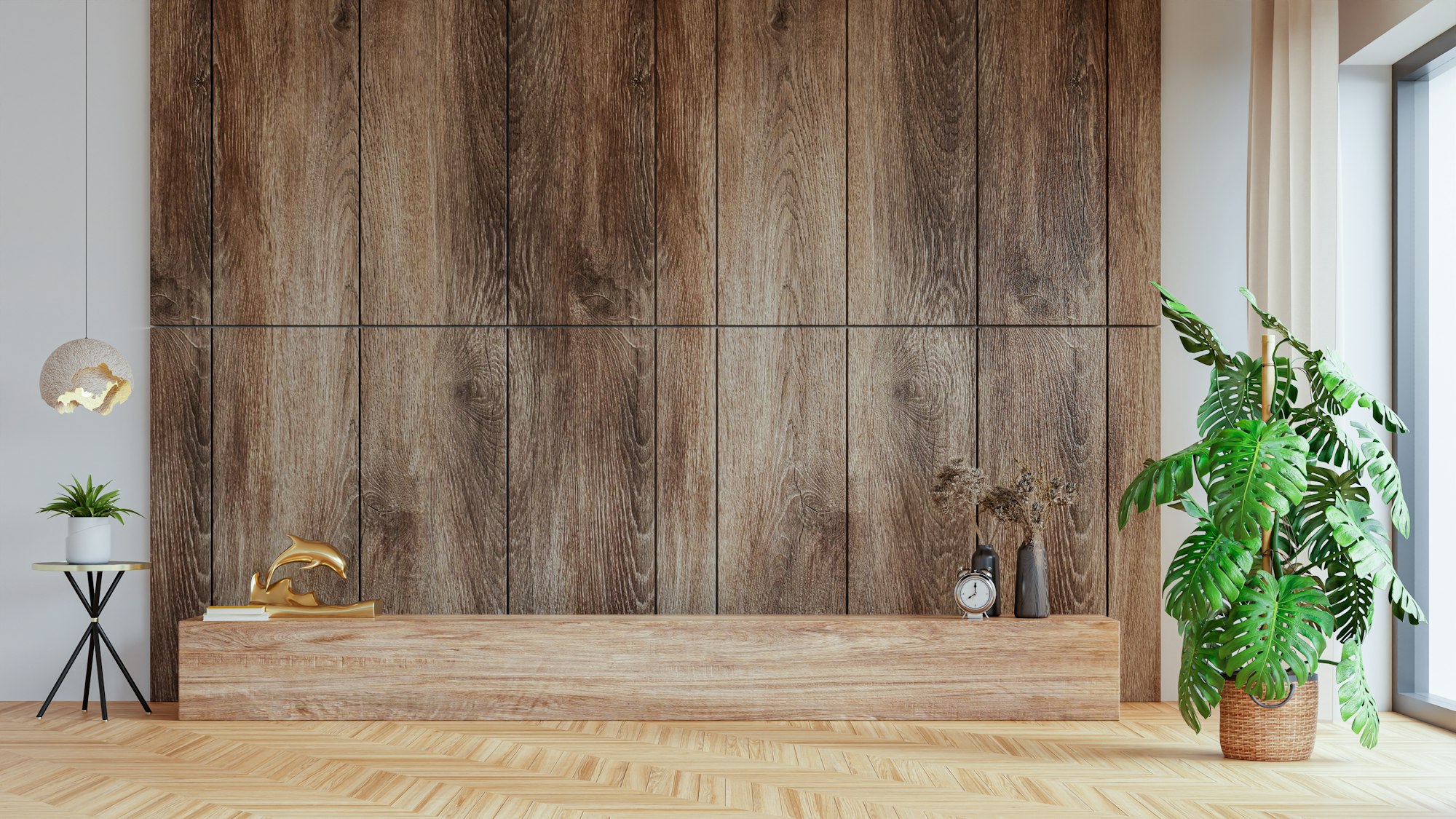 Wall mockup in modern living room with decoration on wooden wall.