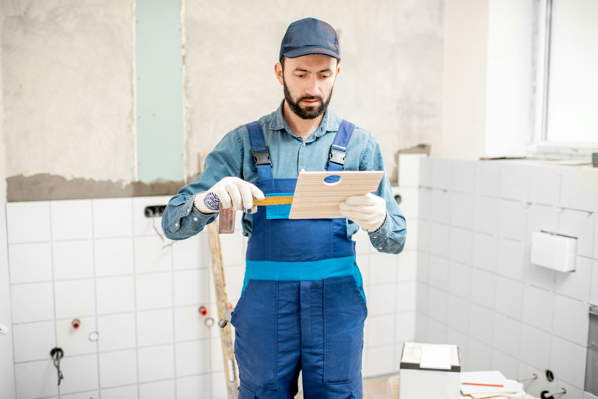 Workman putting tiles indoors